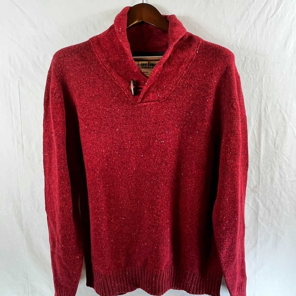 Urban Pipeline Mens Sweater Shawl Collar Wood Button Red Heather L Gray Specks